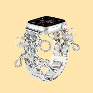Stylish Metal Chain Watch Band for Apple Watch 38mm-49mm Replacement Strap with Heart & Mini Charms for Series 1-11 SE Ultra Women
