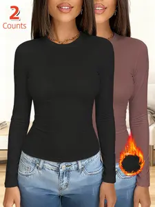 2-Pack Women's Thermal Underwear Tops, Solid Color Classic Crew Neck Long-Sleeve Fitted Casual Basic Base Layers for Autumn & Winter - Ideal as Running, Hiking Activewear, Comfortable Base Layer Tees Suitable for Outdoor Activities