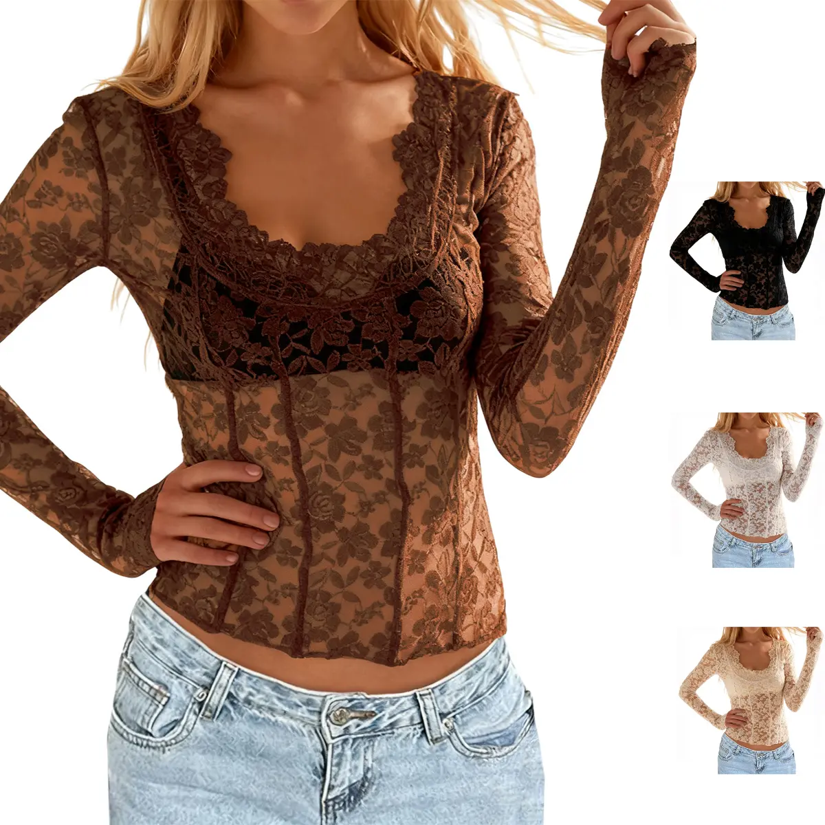 Yeokou Lace Tops for Women, Mesh Top Long Sleeve Floral Lace Blouse, Sheer Mesh Mock Neck Layering Top