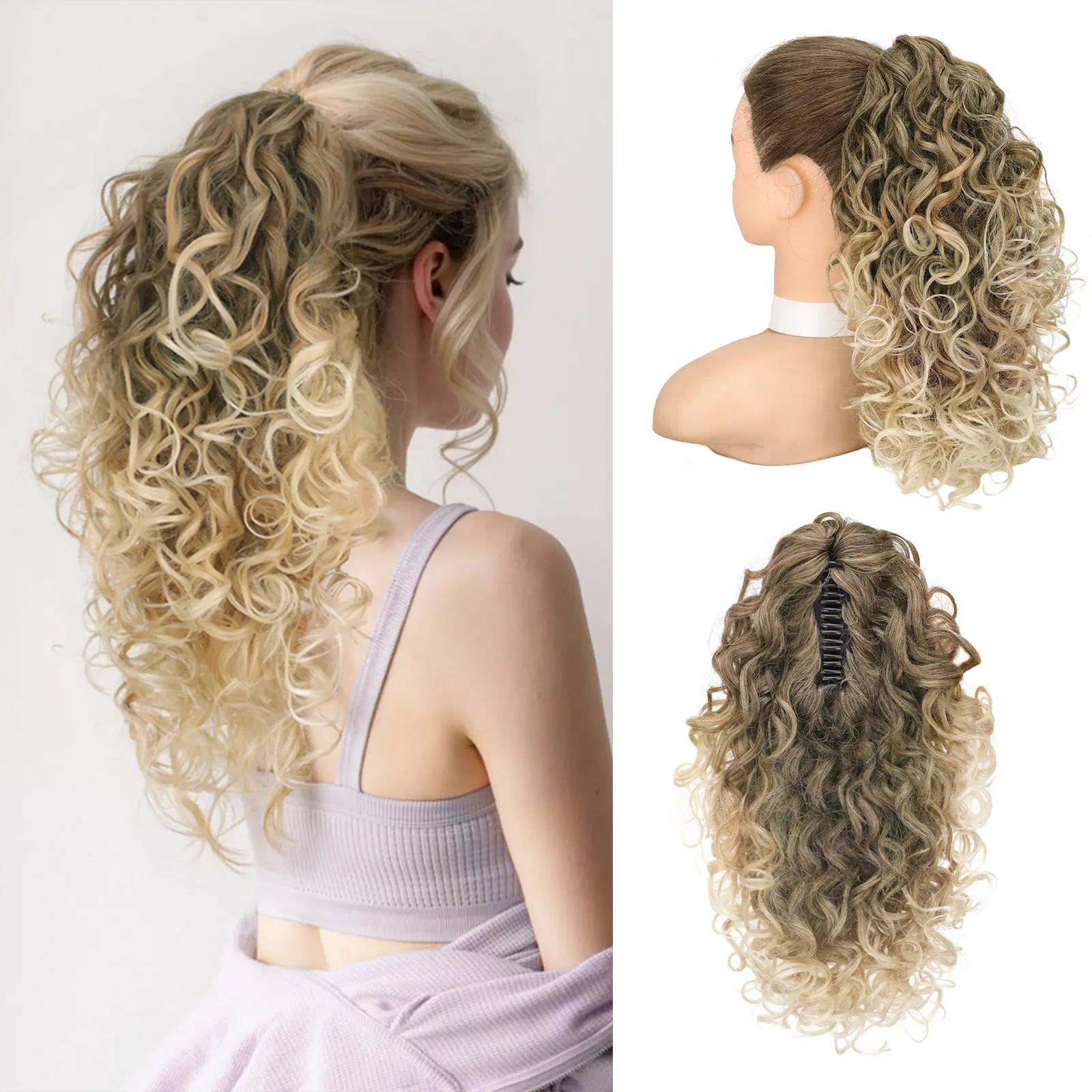 ORSUNCER HAIR Ponytail Extension 18 Inch Claw Clip ponytail extension Ombre Brown Soft Curly Clip on Ponytails for Women Natural Synthetic Layered Pony Tails Hair Extensions Easy To Go