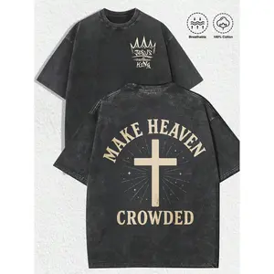 Make Heaven Crowded" Jesus Cross Double Sided Graphic Print T-Shirt |   Washed 100% Cotton Short Sleeve Crew Neck Tee |   Christian Jesus King Faith Streetwear Fashion Top