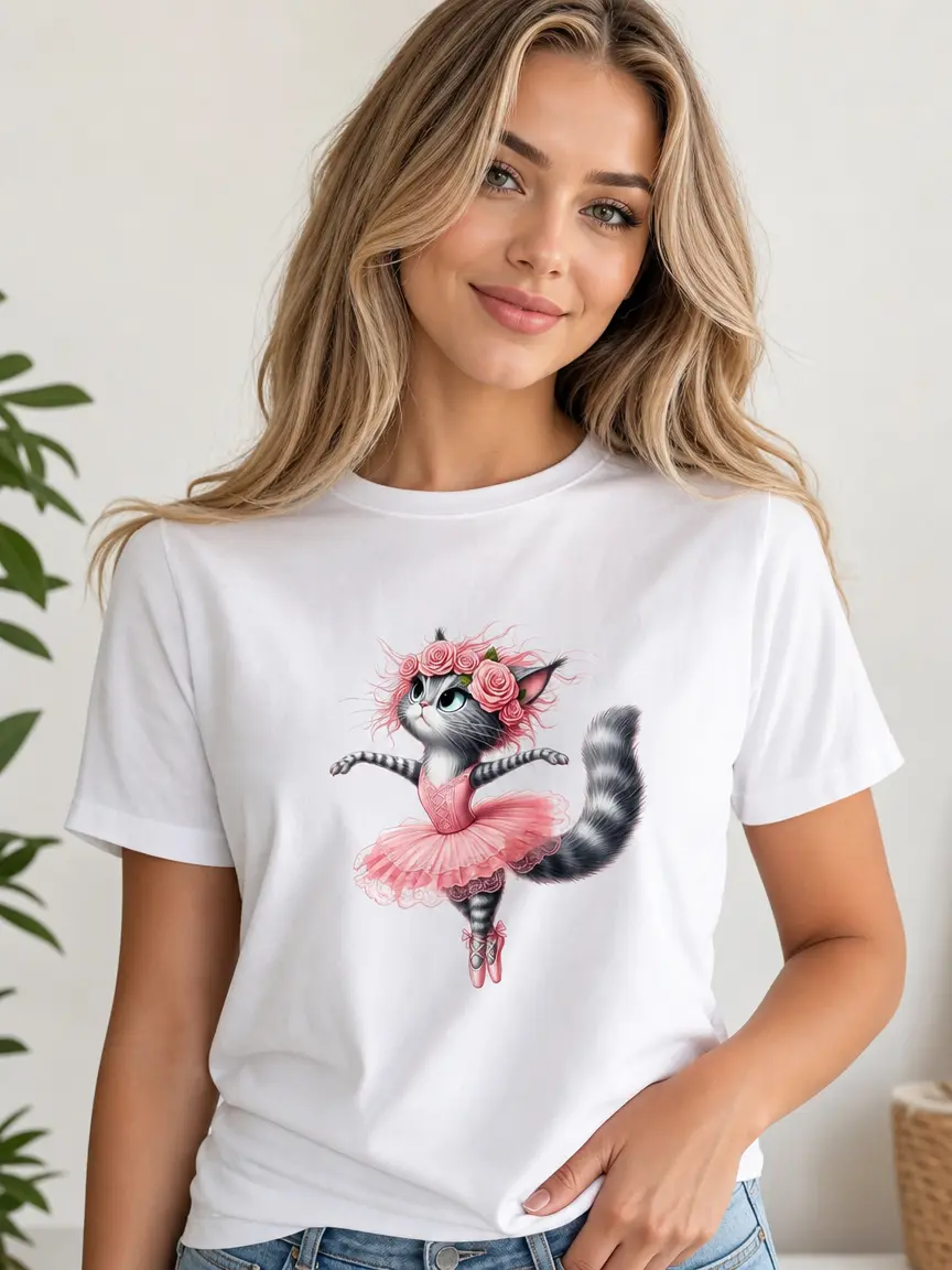 Women's T-Shirt - Cute Tabby Ballerina Cat Design, Pink Rose Flower Crown Print, Ballet Tutu Accent