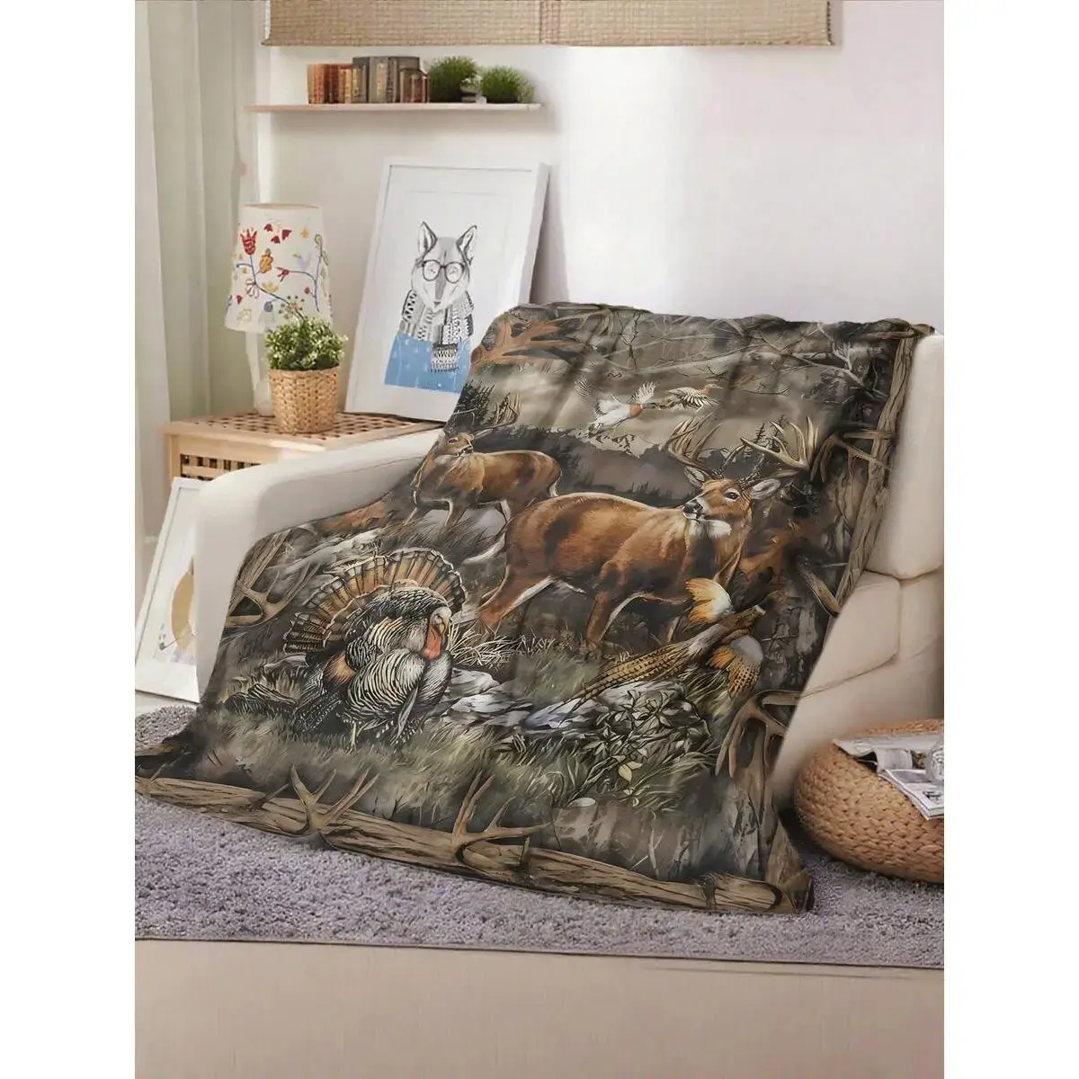 Flannel Camo Throw Blankets - Wildlife Hunting Themed (Deer, Turkey, Duck) - Rustic Lodge Cabin Decor Accent for Beds, Couches - Hunter Gift for Men