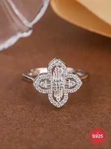 S925 Sterling Silver Four Leaf Clover Design Artificial Zircon Ring, Adjustable Ring for Women, Trendy All-match & Exquisite Jewelry for Birthday Gift