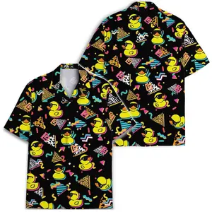 Retro 80s Rubber Duck Hawaiian Shirt Streetwear Cool Sunglasses Geometric Print Aloha Beach Tropical Style Casual Button Up Summer Spring Comfortable Loose Fit Fun Design Short Sleeve Fashion Top Gift