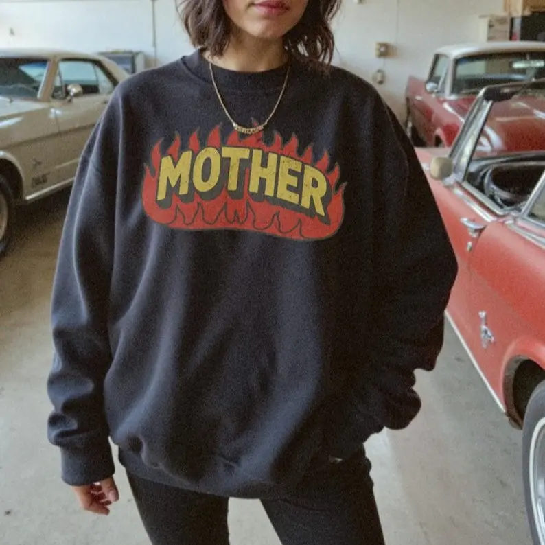 Mother Flaming Sweatshirt, 90s Fire Mama Sweatshirt - Unisex Men & Women's Graphic Sweater - Vintage Flaming Graphic Top - Edgy Grunge Biker Sweater