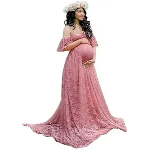 Maternity Shoulder Ruffle Sleeve Lace Women's Gown Maxi Photography Dress