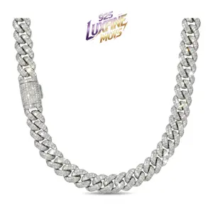 ①⑥LUXFINE MOIS 8mm/10mm/12mm Iced Out Moissanite Cuban Link Chain, 925 Sterling Silver Full Paved Hip Hop Necklace, Pass Diamond Tester for Men Women