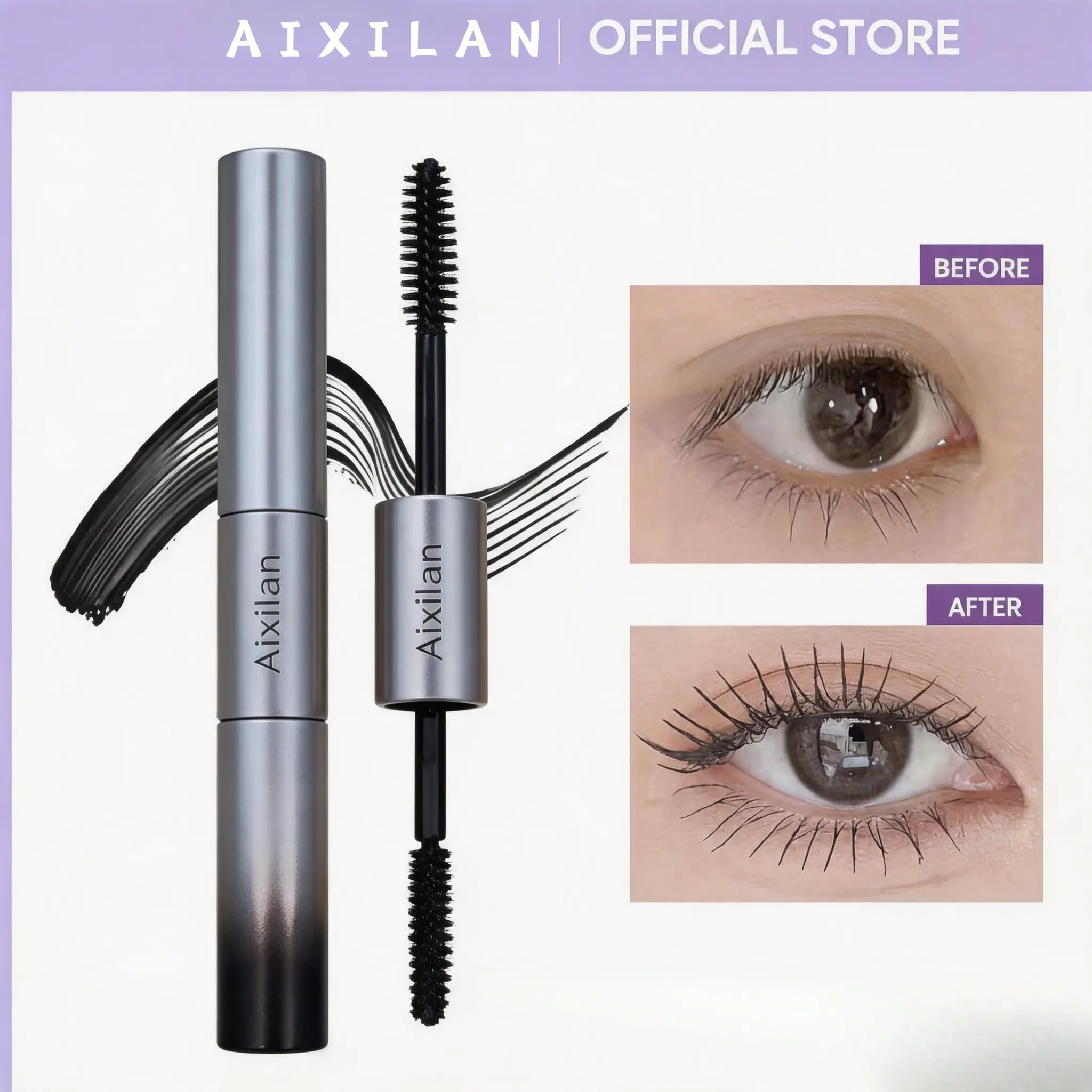 Aixilan 2-in-1 Dual Brush Waterproof Mascara, 24H Lengthen Volume Curl Glitter Lash Makeup Single Tube