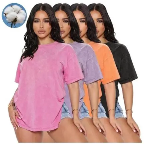 Women's 4-Pack Loose Oversized T-Shirts - Short Sleeve, Round Neck, Solid Color (Rose Red + Purple + Orange + Black), Distressed Wash Casual Tops for Back to School, Tops for Women