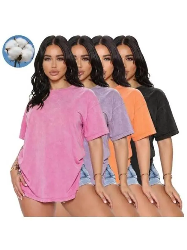 Women's Basic Tops, 4-Pack Casual Loose Fit T-Shirts with Solid Color Distressed Wash, Short Sleeve Crew Neck