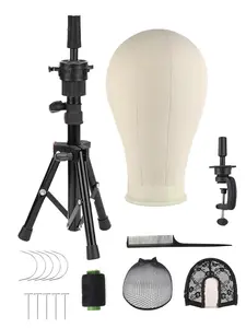Wig Head Stand Tripod with Canvas Mannequin Head, Ideal for Wig Making & Display, Includes Caps, T-Pins, Comb & Brush, Wig Install Kit