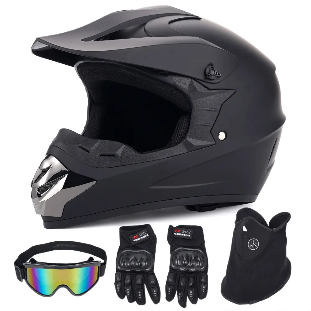 Adult Motocross Helmet Set, Matte Black Helmet with Goggles, Face Mask & Riding Gloves 4-in-1 Rider Protective Gear Package for Off-Road Motorcycle Mountain Bike,camping essentials