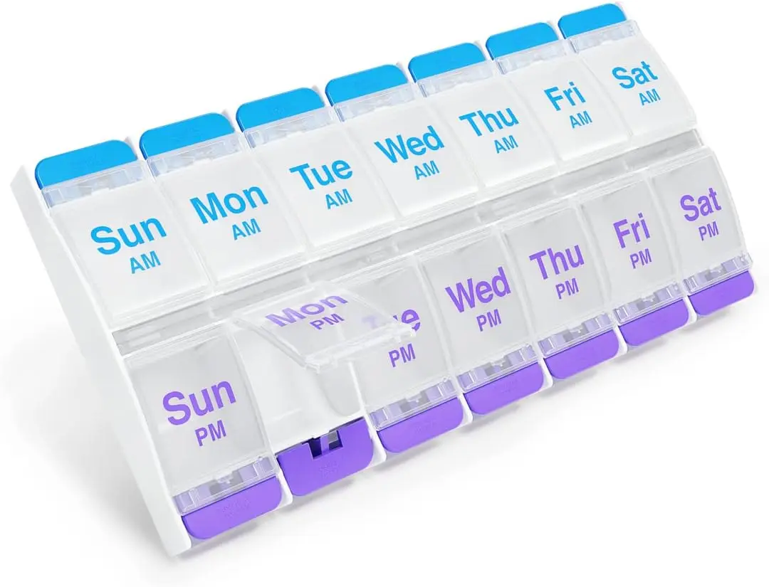 Push Button (7-Day) Pill Case, Medicine Planner, Vitamin Organizer, 2 Times a Day AM/PM, X-Large Compartments, Arthritis Friendly, Clear Lids, Healthcare
