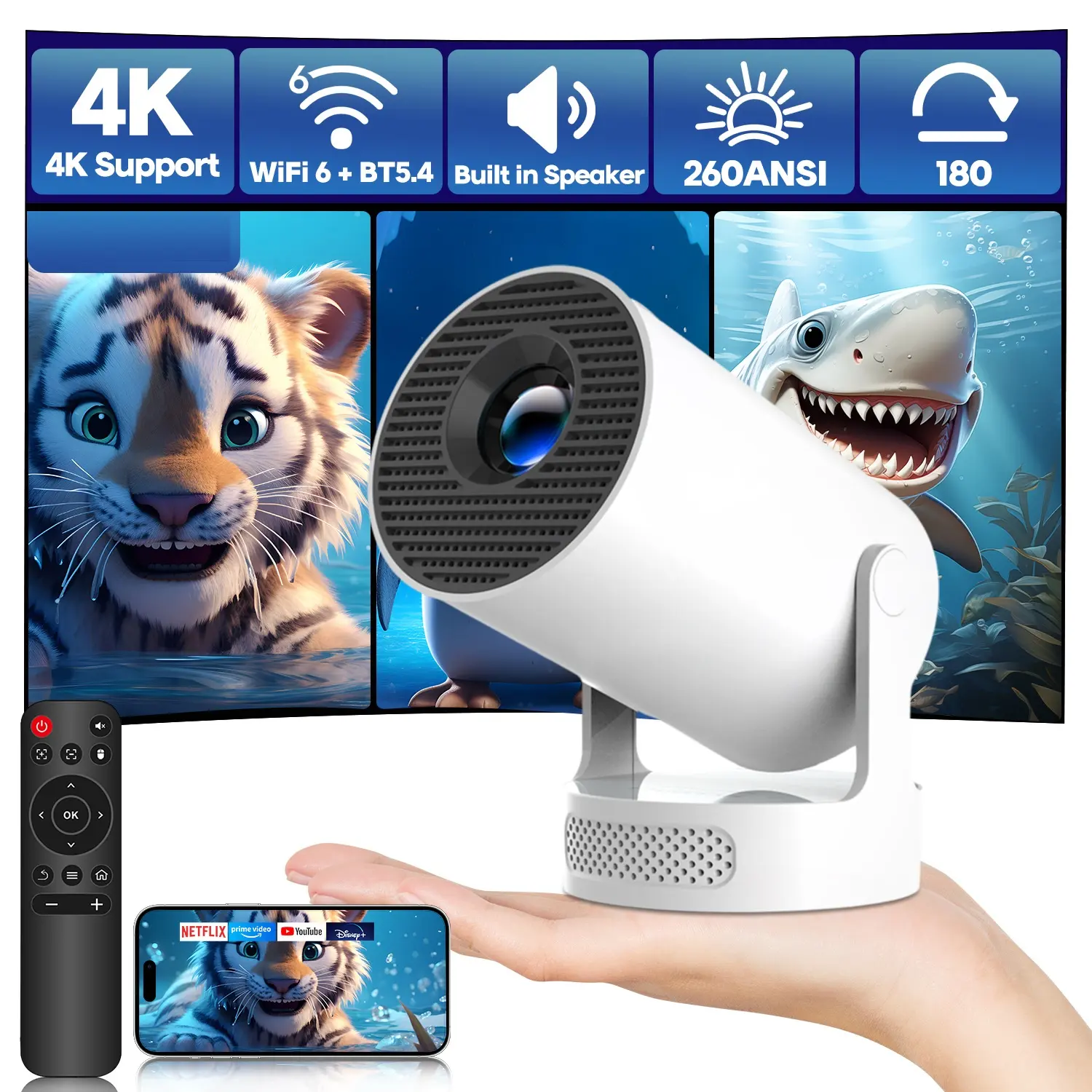 Mini Projector HY300Pro+ with 8K/4K/1080P Decode 290ANSI Lumens Auto Keystone Correction Built-in 5W speaker Dual WiFi6 Wireless BT5.4 Android 14 Native 1280*720P for Home Cinema Portable Movie Theater #SummerWins #DealsForYouDays