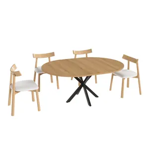 43 to 58 Inch Expandable Round Dining Table Set with 4 Solid Wood Chairs, Oak Finish Extendable Dining Table for 2-6 Person, Sturdy Carbon Steel Base Modern Minimalist Space Saving Dining Room Home Furniture for Small Apartment Living