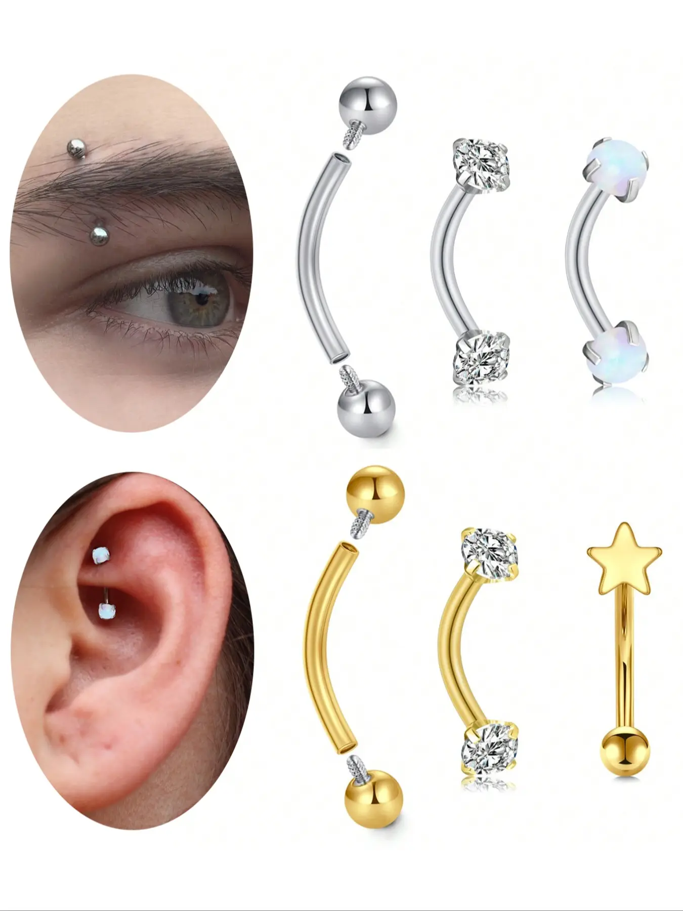 3PCS 16G Rook Daith Earrings For Women Stainless 8mm 10mm Eyebrow Rings Inlaid CZ Opal Turquoise Belly Lip Ring Cartilage Surface Tragus Piercing Jewelry Cubic Zirconia Jewelry Ear Piercings Body Jewelry