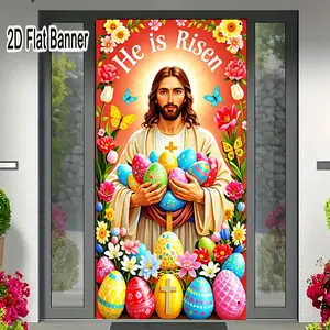 2D flat banner, 1pcReligious Figure with Easter Eggs He is Risen Decor, Easter Party Backdrop Red Orange Gradient Flowers Butterflies, Christian Easter Decorations Polka Dot Striped Floral Egg Decorgalentines party decor, valentine day decor, decorat