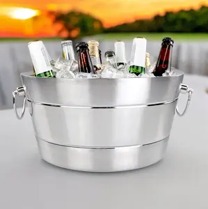 Stainless Steel Ice Bucket for Parties, Double Wall Insulated Anchored Brushed Drink Tub & Wine Bucket with Double Hinged Handles, Drink Chiller for Parties, 12QT (3 Gallon), 100% Leak Proof