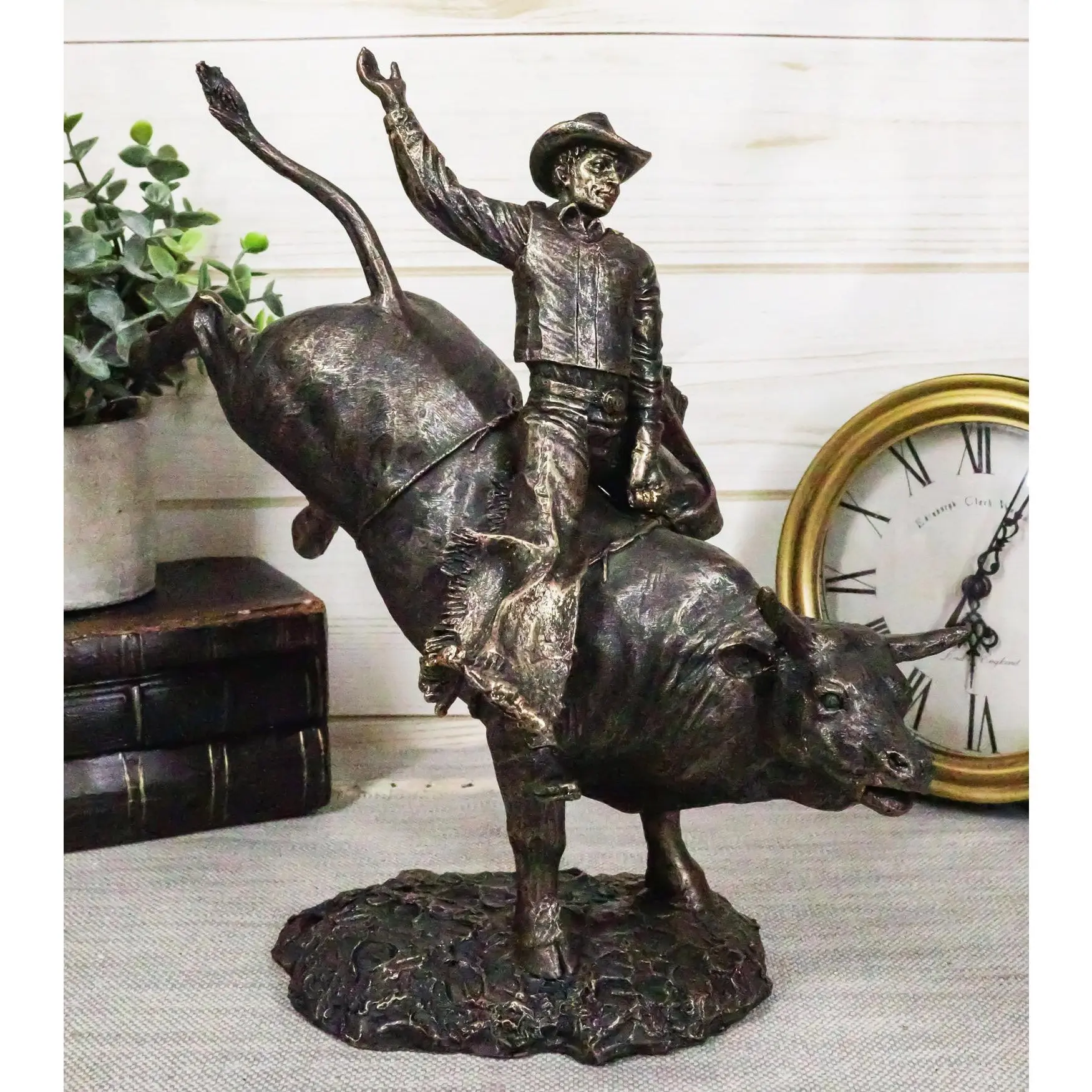 Rustic Western Wild Rodeo Bull Rider Cowboy On Bucking Bull Decorative Statue