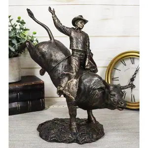Rustic Western Wild Rodeo Bull Rider Cowboy On Bucking Bull Decorative Statue