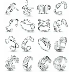 MILACOLATO 16Pcs Stackable Stainless Steel Rings for Women Chunky Silver Rings Non Tarnish Ring Open Adjustable Thumb Finger Statement Ring Set