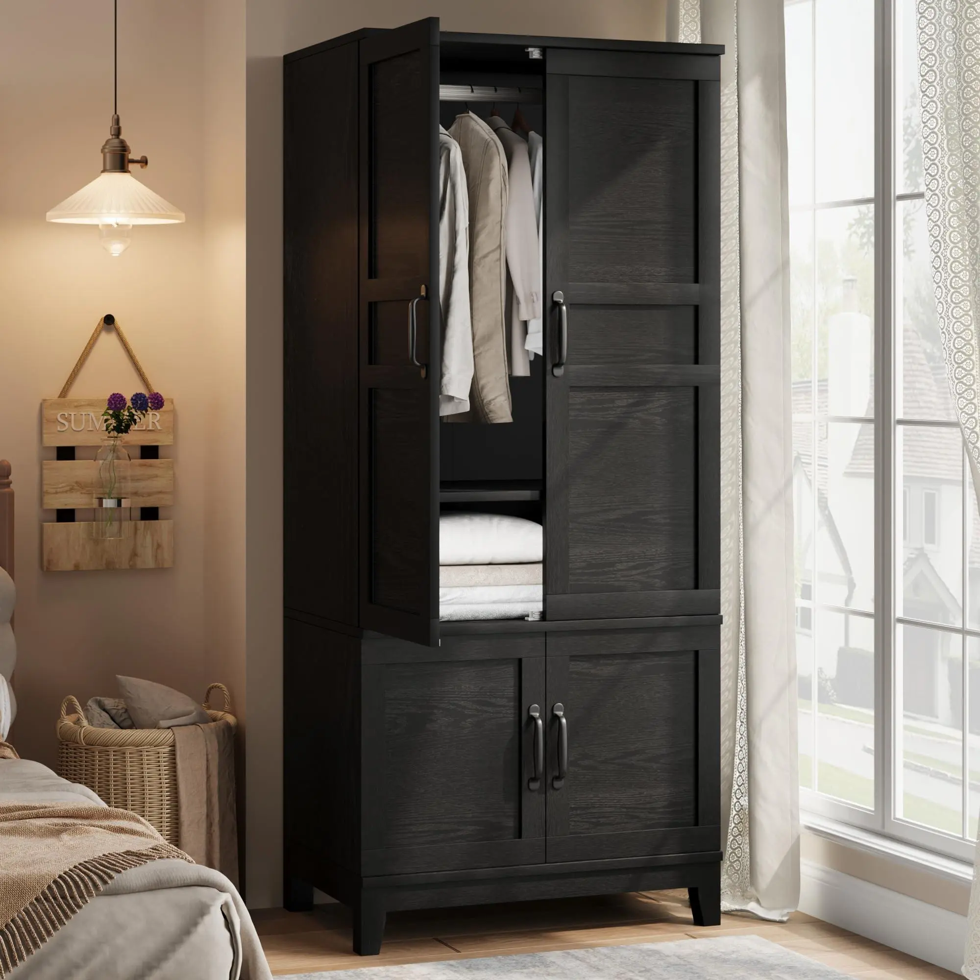 GAOMON Sturdy Aluminum 4-Door Wardrobe Armoire, 31.55 in W x 21.15 in D x 72.05 in H MDF Board Freestanding Tall Clothing Closet Cabinet with Hanging Rod, Adjustable Shelves, Large Bedroom Space & Easy Setup, Black