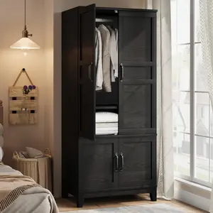 GAOMON Armoire Wardrobe Closet with 4 Doors, 72 in Wooden Wardrobe Cabinet with Hanging Rod, Freestanding Tall Clothing Armoire Storage Cabinet with Adjustable Shelves for Bedroom, Black