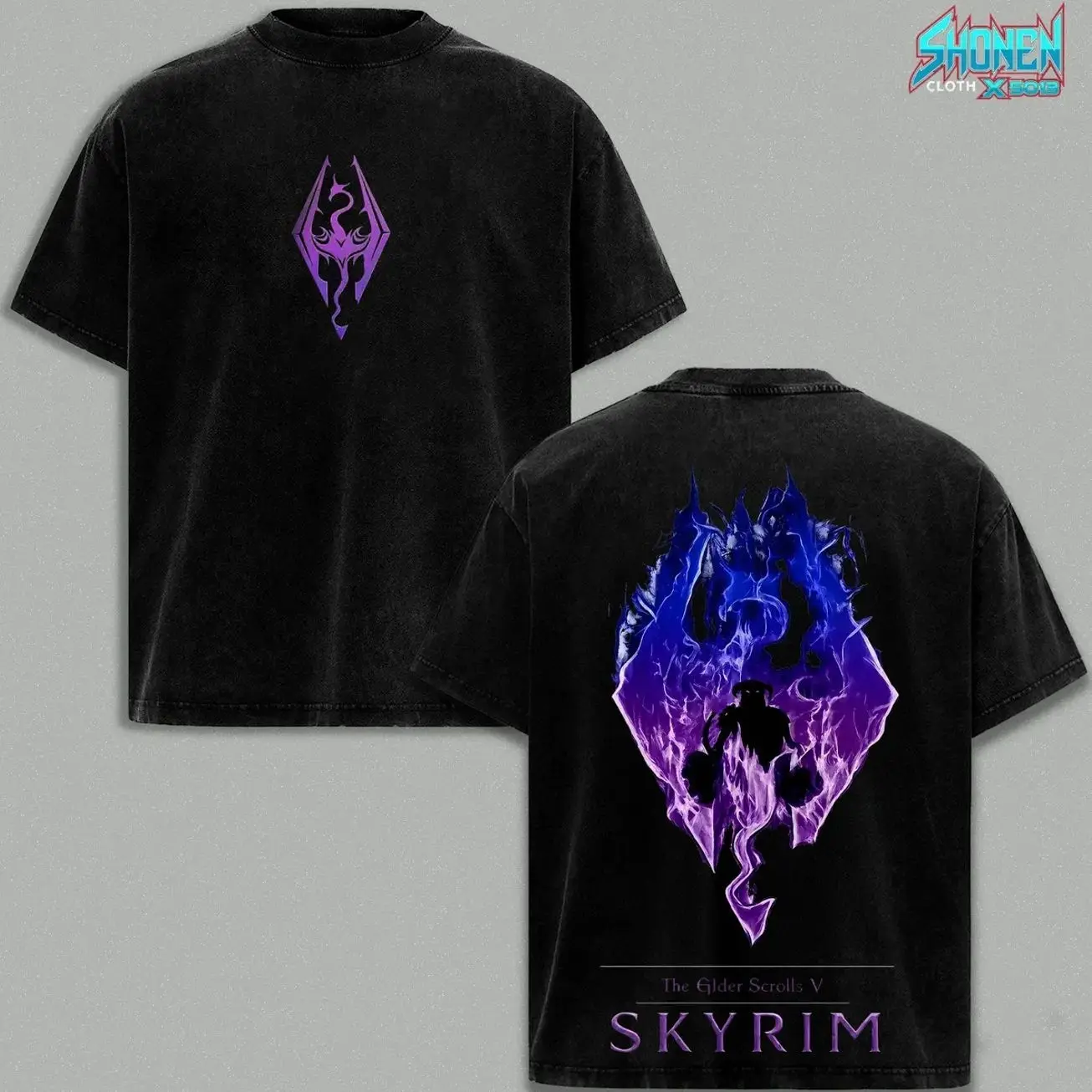 The Elder Scrolls V Graphic Shirt Skyrim Dragonborn Purple Flame Vintage Washed Oversized T-Shirt Magicka Dovahkiin Edgy Streetwear Y2K Merch Tee Gift For Game Fan Clothes Z4D