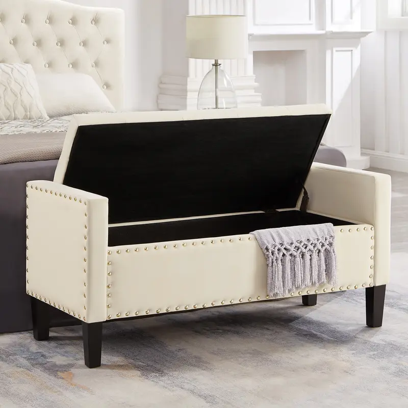 Velvet Storage Bench for Bedroom, End of Bed Upholstered Armed Long Ottoman Bench with Tufed Button Cushion, Entryway Bench with Arms and Nail-Head Trims, Beige