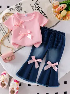 Baby Girl Sweet Casual Baby Clothing 2-Piece Set, Bowknot Decorated Round Neck Short Sleeve T-Shirt and Bowknot Slim Fit Jeans Pants