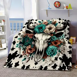 Country-style Flannel Throw Blanket with Cartoon Bull Skull and Floral Pattern - Digital Printing, 100% Polyester Fiber, Non-woven Reversible, Comfortable Cover Suitable for All Seasons, Cow Pattern Blanket