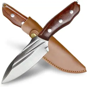 Pocket Fixed Blade Knife with Wood Handle and Leather Sheath for Camping, Outdoor Hunting,Tactical, Survival and EDC