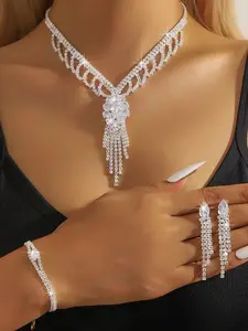 Women's Elegant Rhinestone Decorated Jewelry Set, Exquisite Trendy Tassel Design Necklace & Bracelet & Dangle Earrings, Chic Jewelry Set for Party Decoration, Fashionable Jewelry Set