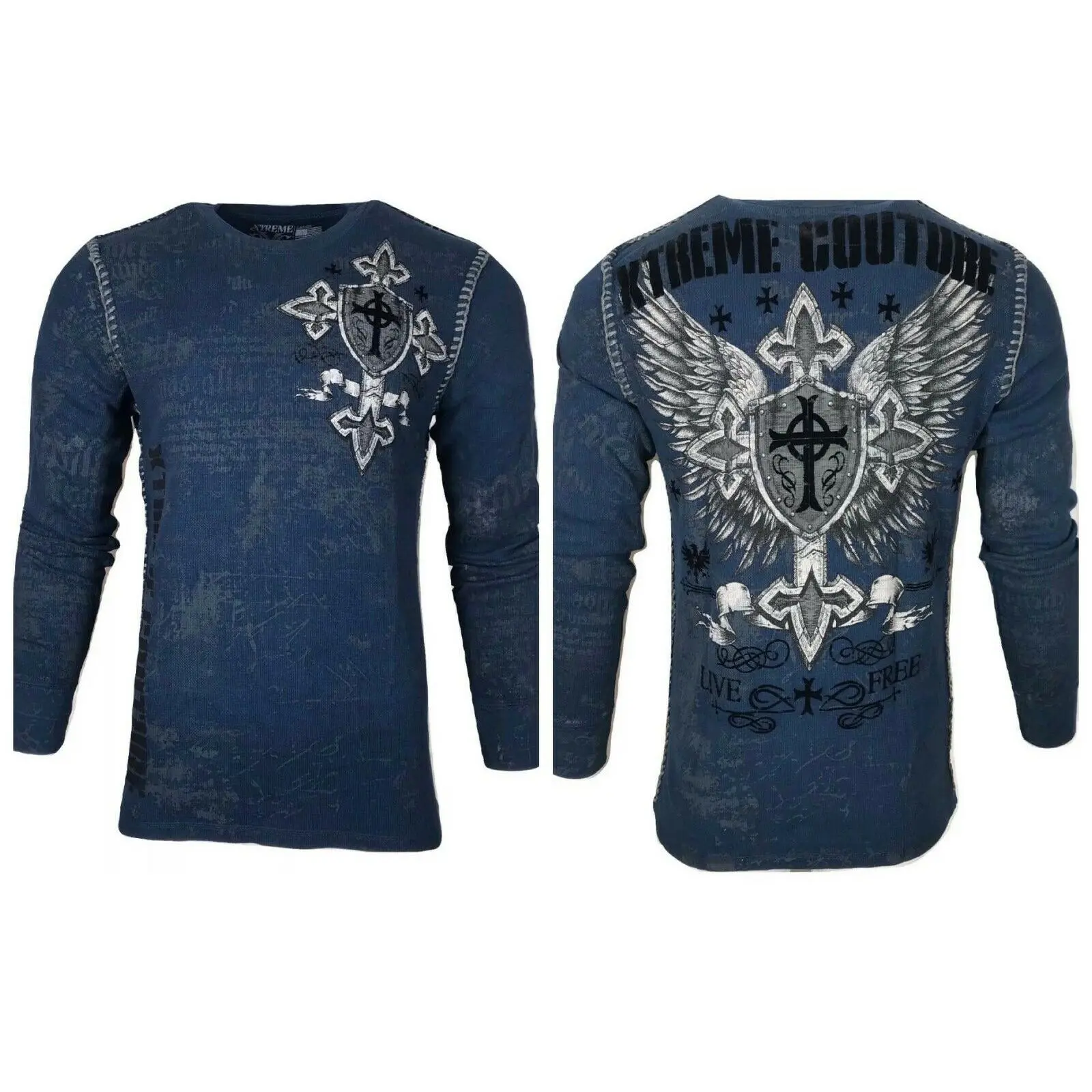 Xtreme Couture Men's Pro Faith Graphic Long Sleeve Thermal Shirt - Biker Style 100% Cotton Crewneck, Long Sleeve Shirt