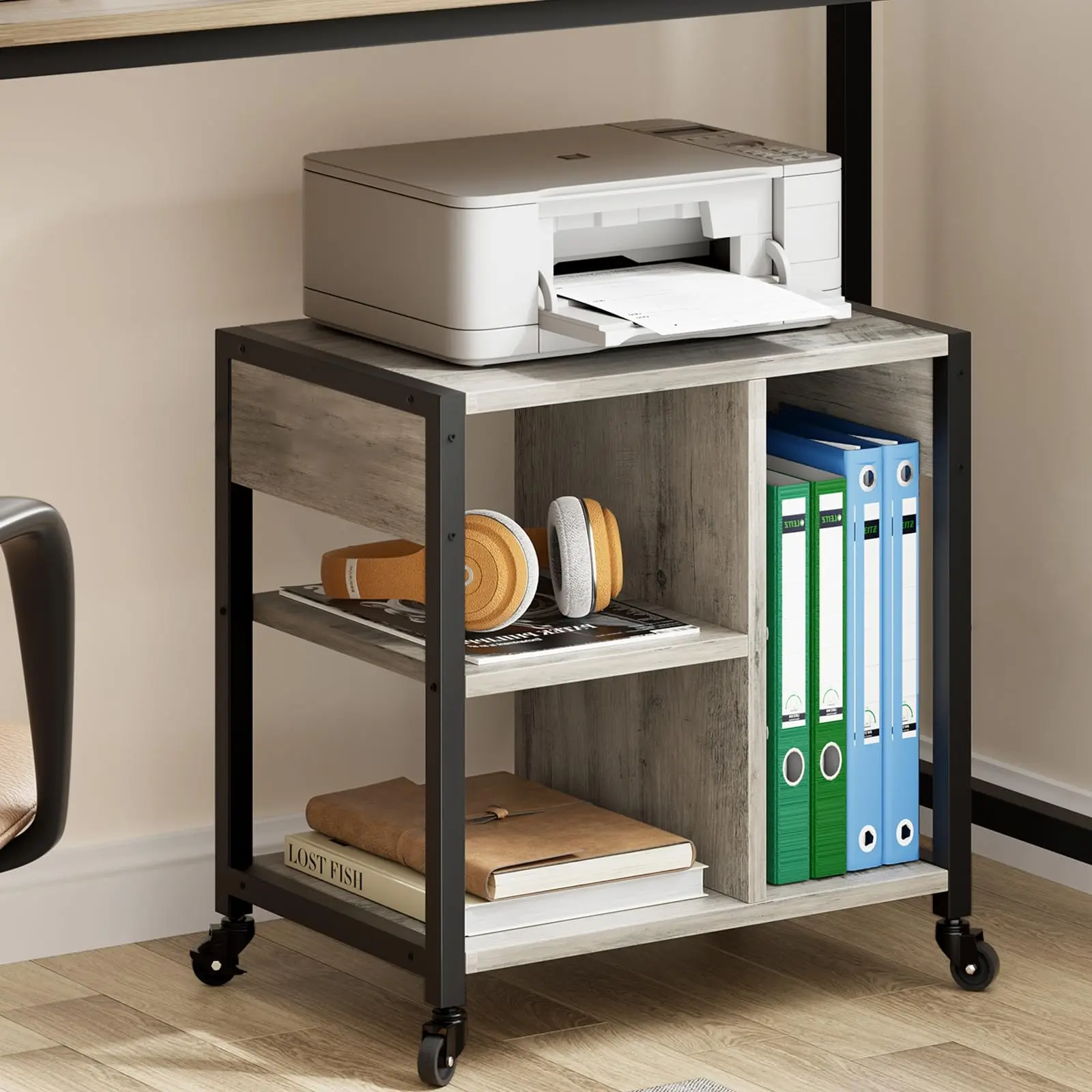 Under Desk Printer Stand with Power Outlets & USB Ports – 4-Tier Mobile Printer Table with Wheels & Storage Shelf for Home Office