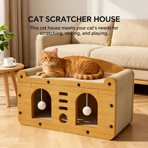 2-in-1 cat bed with scratching board—pet furniture for indoor cats, suitable for multiple cats. Durable double-layer design; stylish and comfortable cat furniture for all seasons. Wooden cat bed. Summer Vibes, pet lovers’ summer vibe.