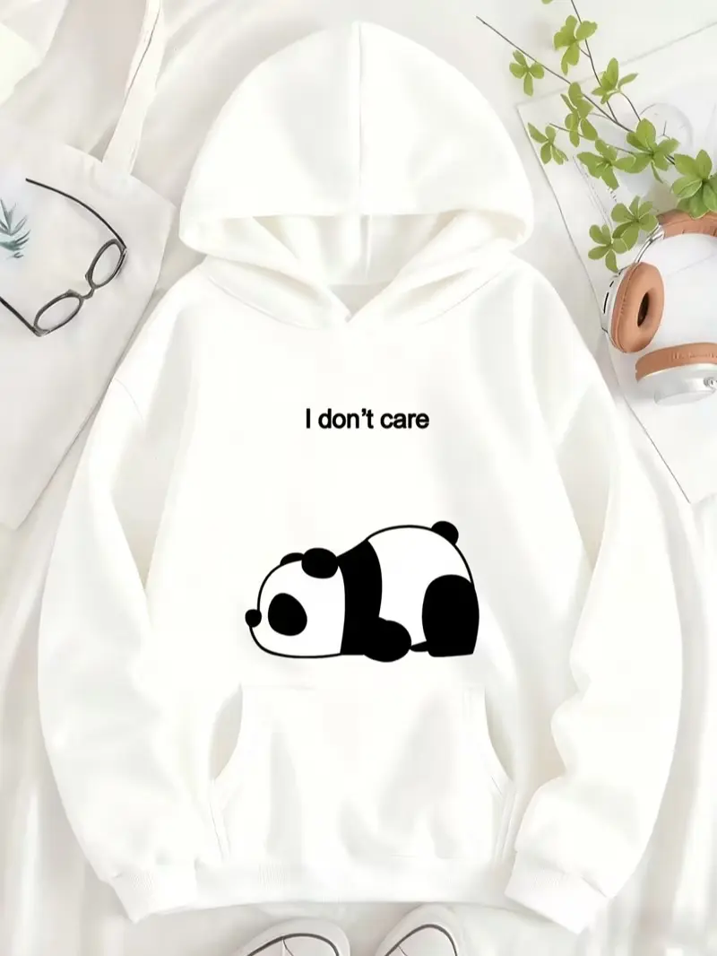 I Don't Care Lazy Lying‑Down Panda Front Print Fleece Hoodie, Cute Casual Cartoon Pullover Hooded Sweatshirt, Daily Holiday Gift