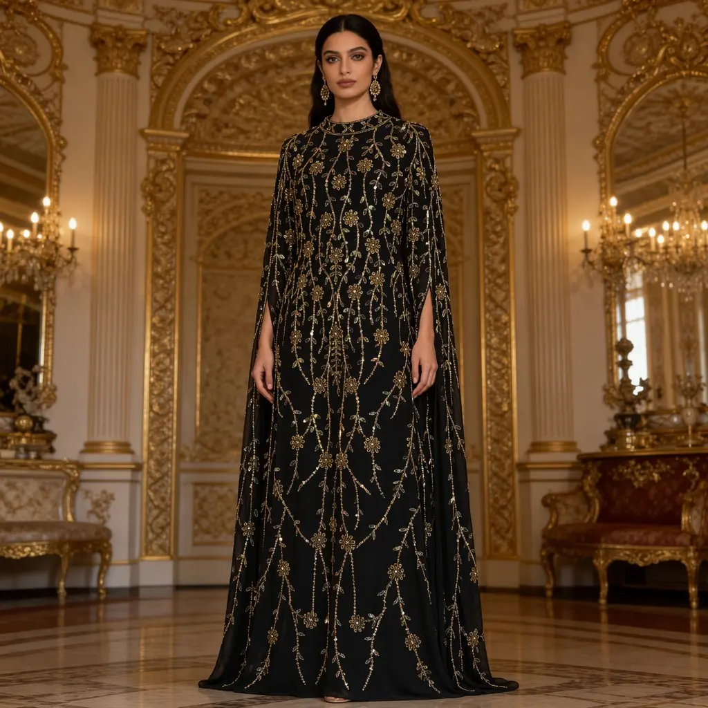 Luxury Beaded Sequin Embroidered Kaftan Abaya | Cape Maxi Dress for Eid & Evening