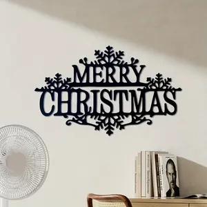 Decorative Art Metal Merry Christmas Wall Art Decoration, Valentine's Day Black Letters and Snowflakes, Home Office/Living Room/Bathroom Hotel Hanging Decoration -1 piece