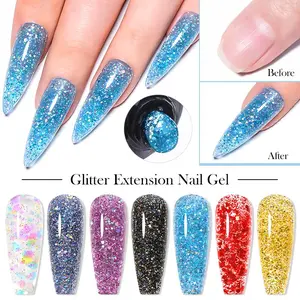 20ML Glitter Poly Nail Extension Gel in 7 Colors, Quick Building Nail Extensions Gel for Art Salon & Home Use, Perfect Nail Builder Tool, Glittering Fake Nails, Nail Art Design