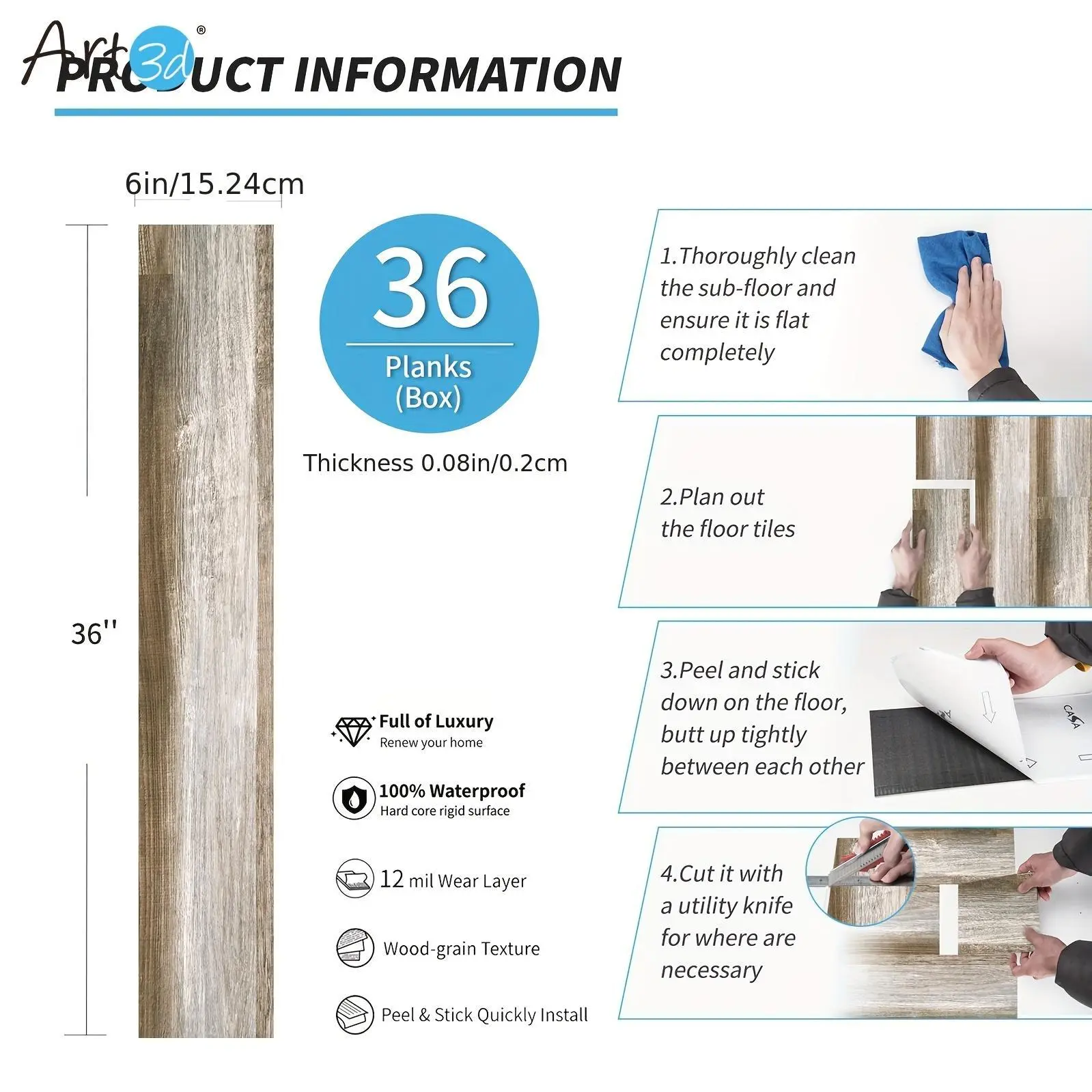 Peel And Stick Floor Tiles 36-Pack, Waterproof Vinyl Flooring Planks 36"x6", Easy DIY Install, Renter Friendly, Cover 54 Sq.ft