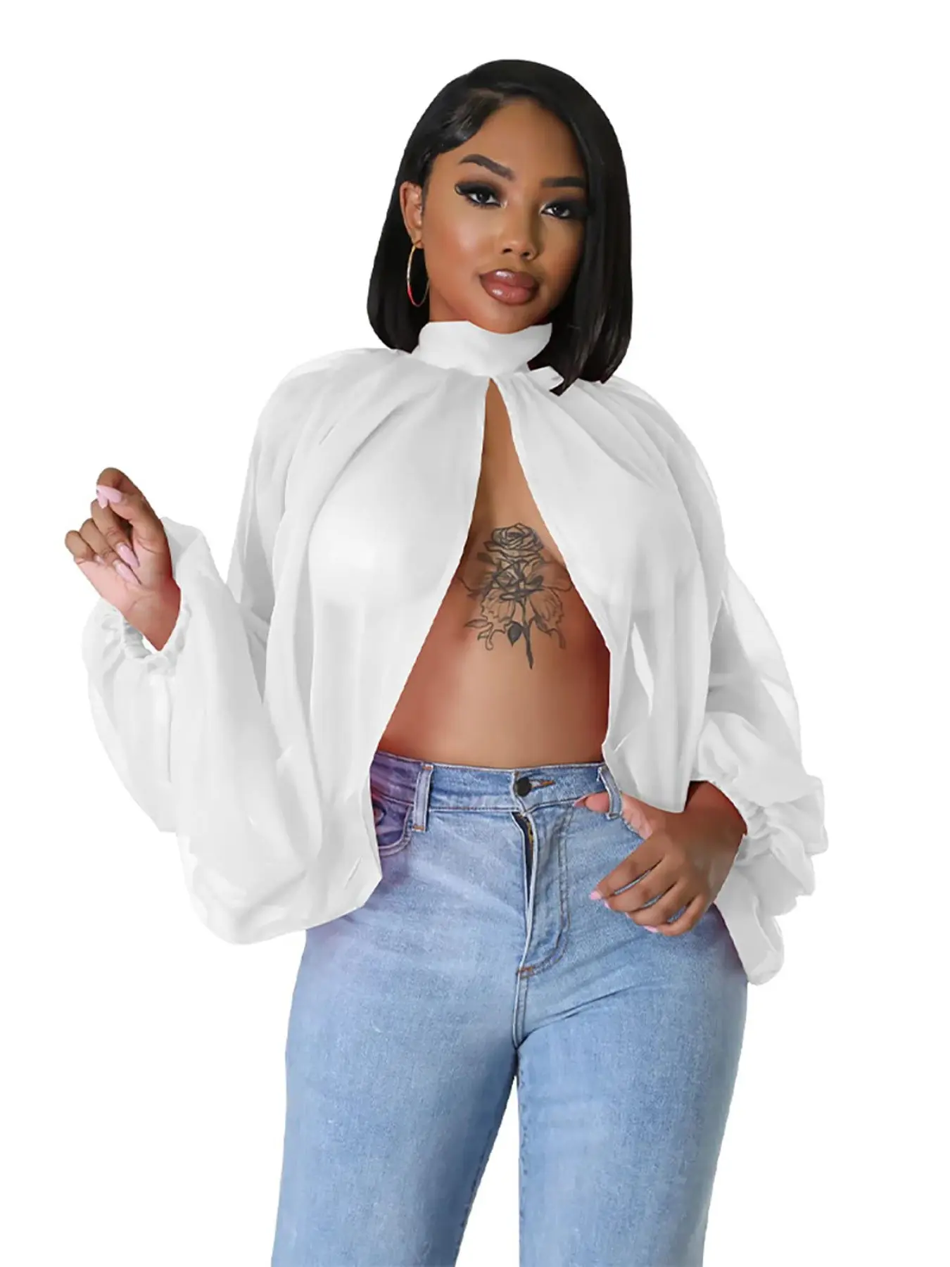 Sexy Elegant Feminine Party Club Night Batwing Sleeve Chiffon Breathable Sheer Transparent Self-Tie Back Front Open Women's Blouse Shirt, Casual Summer Top