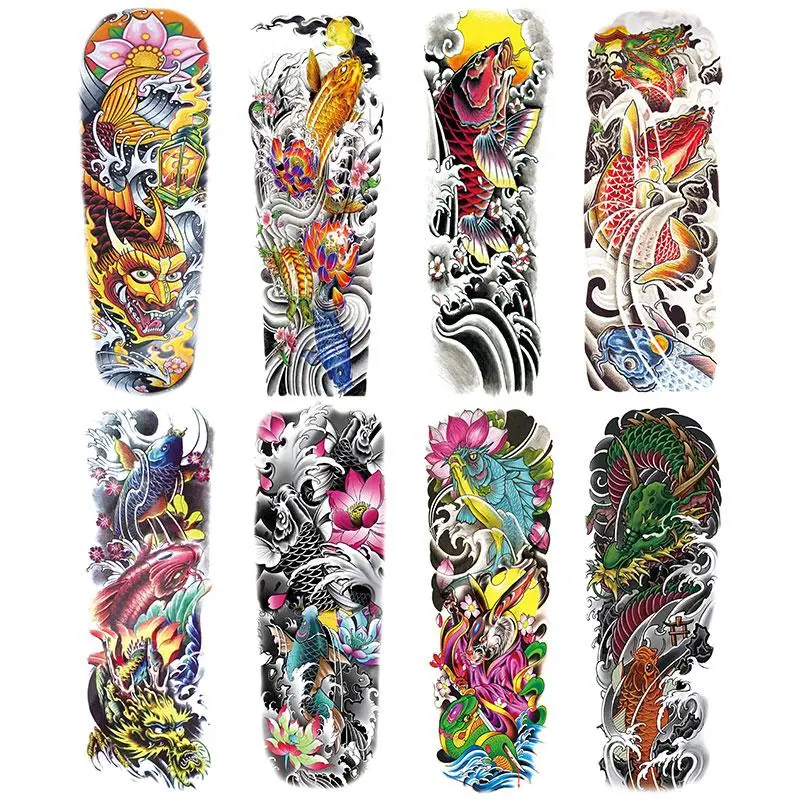 8-Piece Colorful Temporary Tattoo Set with Koi Dragon Body Art Stickers, Waterproof Realistic Tattoos for Men and Women
