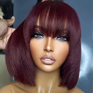 Fashionable New Glueless Short Bob Straight Human Hair Wig with Bangs - Brazilian Virgin Hair Non-Lace Front Wig for, Burgundy 99J Color, 200% Density Rose Net Cap, Wear & Go Wig for Valentine's Day Gift, Wig Accessories, Easy Hairpiece |   Elegant Hairpi