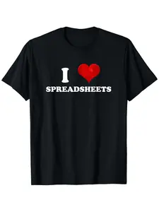 Funny accountant I love spreadsheet T-shirt-black with white and red text, lightweight short-sleeved round neck casual top, office humor gift for accounting professionals, all-seas, for students, clean design, durable cotton feel