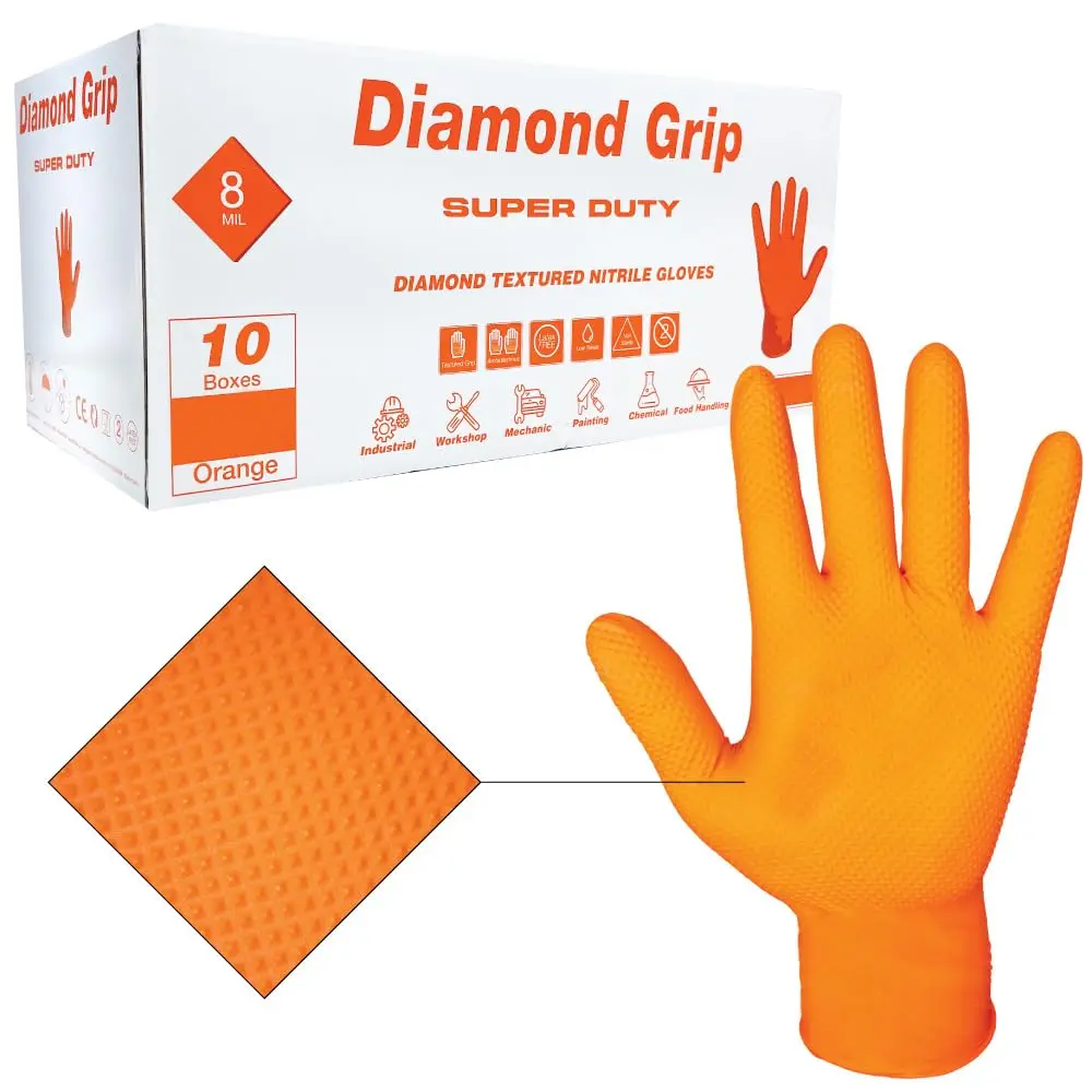 Disposable Nitrile Cleaning Gloves - 8-Mil Thick, Rugged, Chemical, Protection Diamond-Patched Industrial Orange Gloves, Powder-Free, Comfortable Raised Grip, Box of 1000, Diamond-Patched Cleaning Gloves