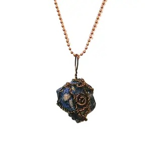 Blue Sodalite Stone Wrapped in Copper Necklace 22-inch Chain Unique Free-style Wrap Personal Touch Jewelry