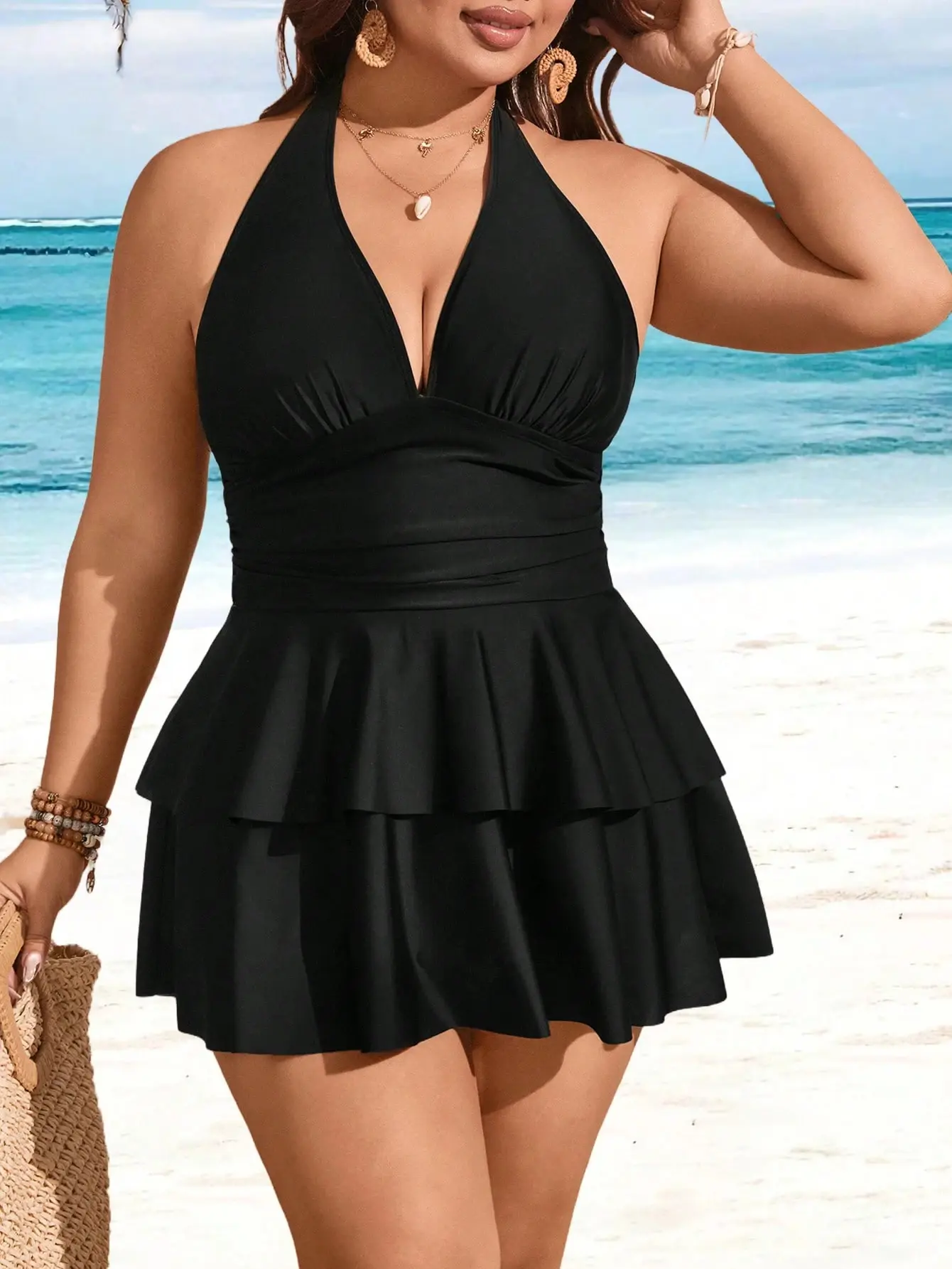 Lushoire Plus Size Swim Dress Halter Neck Ruched Tummy Control Flowy Hem Beach Vacation Pool Outfit - TikTok Shop Lushoire Plus Size Swim Dress Halter Neck Ruched Tummy Control Flowy Hem Beach Vacation Pool Outfit - TikTok Shop