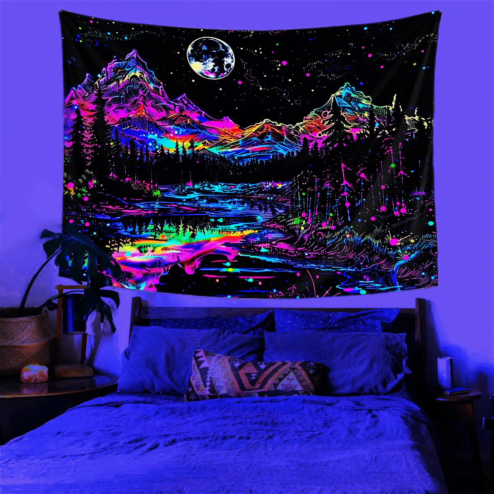 Bohemian Nature Art UV-Reactive Anime Tapestry Wall Mural - Starry Sky, Full Moon, Mountain Peaks, Forest Lake, Colorful Design, 100% Polyester, 160-180g, Bedroom Indoor Decoration Home Decor, Indoors